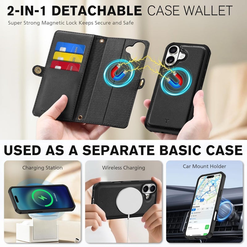 TUCCH Crossbody Detachable Wallet Case for iPhone 17 (6.3") 2025, 9 Card Slots RFID Blocking | Wireless Charging | Wrist Strap | Lanyard | Stand | Zipper Pocket | PU Leather Shockproof Cover | Black - Image 4